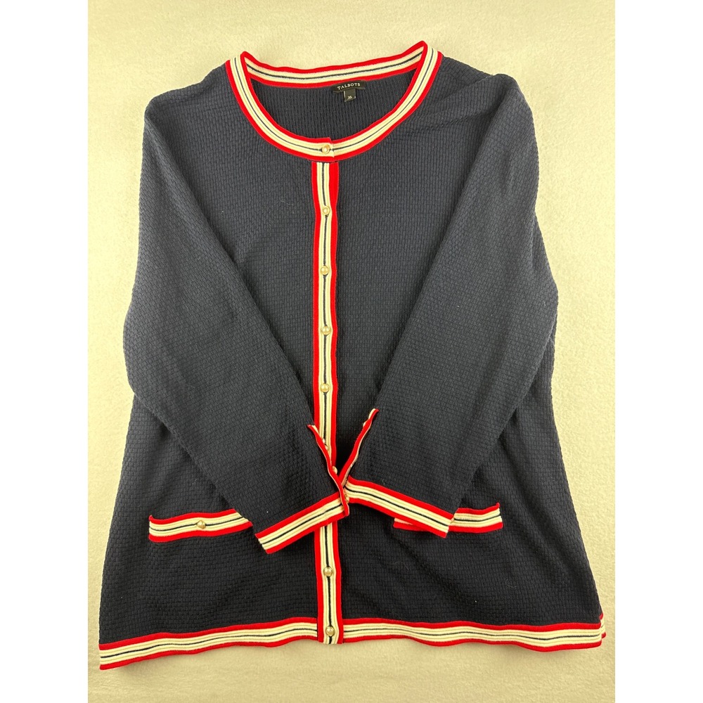 Talbots Navy Blue Textured Cardigan Red White Striped Trim Gold Buttons XL